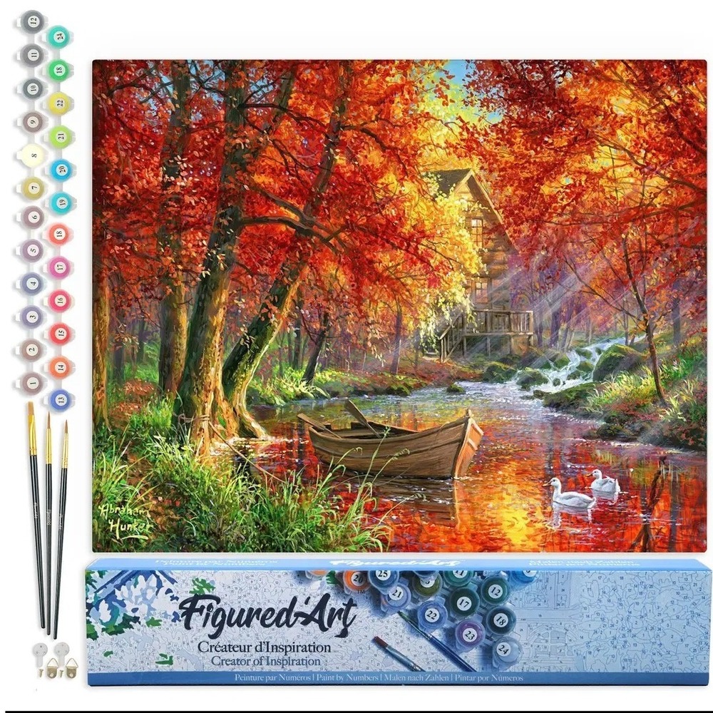 Figured'Art Paint by Numbers Kit Abraham Hunter Autumn Cabin Landscape 16x20